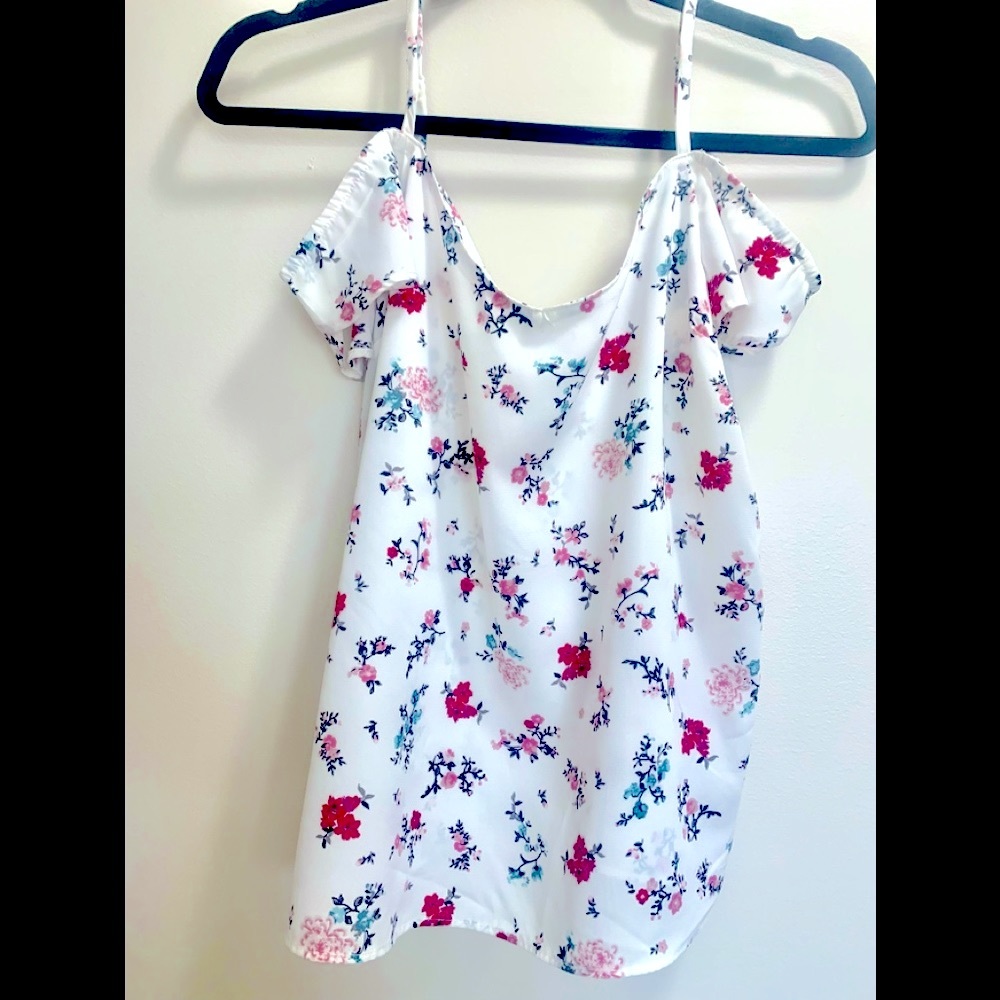 Medium White with small pink, burgandy & green flowers off the shoulder blouse